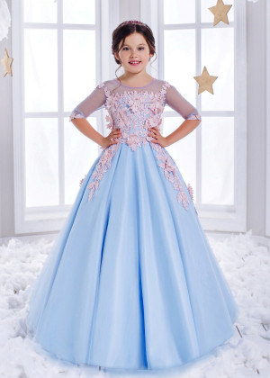 Elbow Sleeves Sky Blue Tulle Pink 3D Floral Appliques Flower Girl Dress